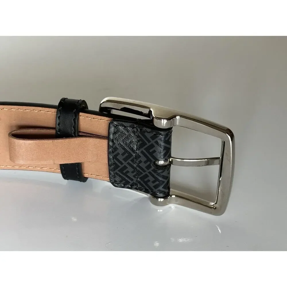 NWT $590 Fendi FF Logo Calf Leather Black/Grey Belt 110/44 Italy 7C0434